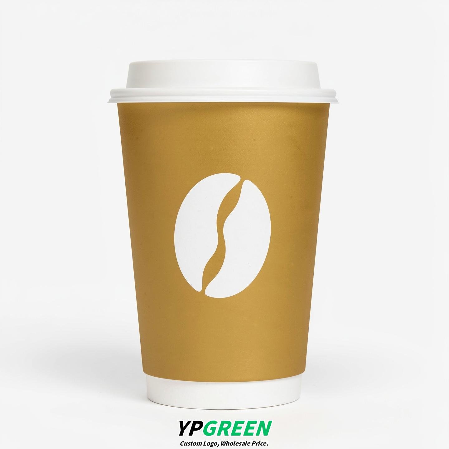 Gold Paper Cups with Coffee Bean Logo & Lids 8-24oz
