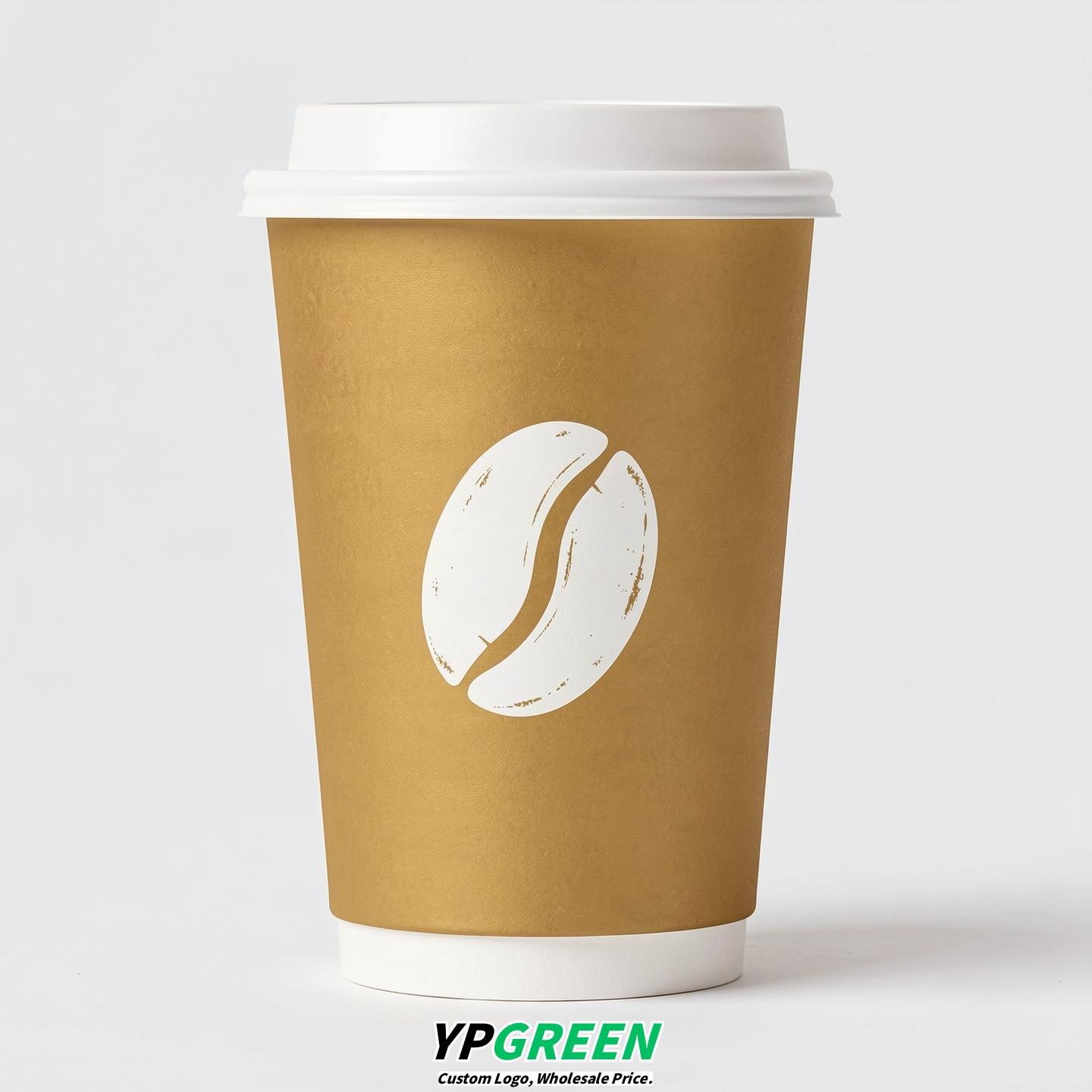 Gold Paper Cups with Coffee Bean Logo & Lids 8-24oz