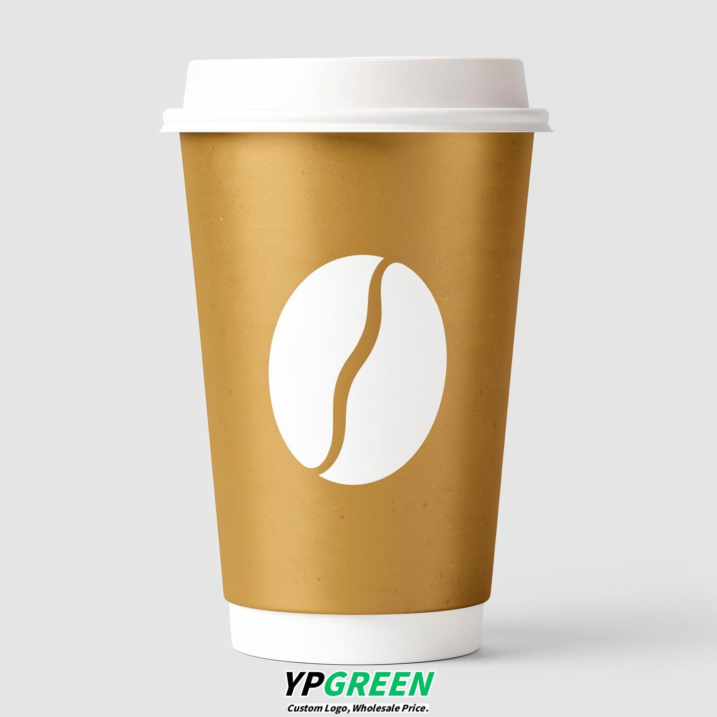 Gold Paper Cups with Coffee Bean Logo & Lids 8-24oz