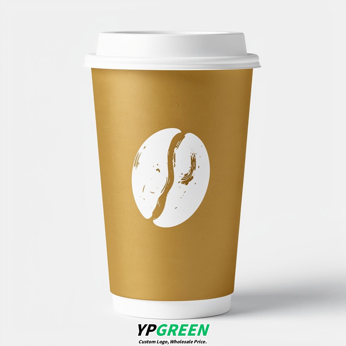 Gold Paper Cups with Coffee Bean Logo & Lids 8-24oz