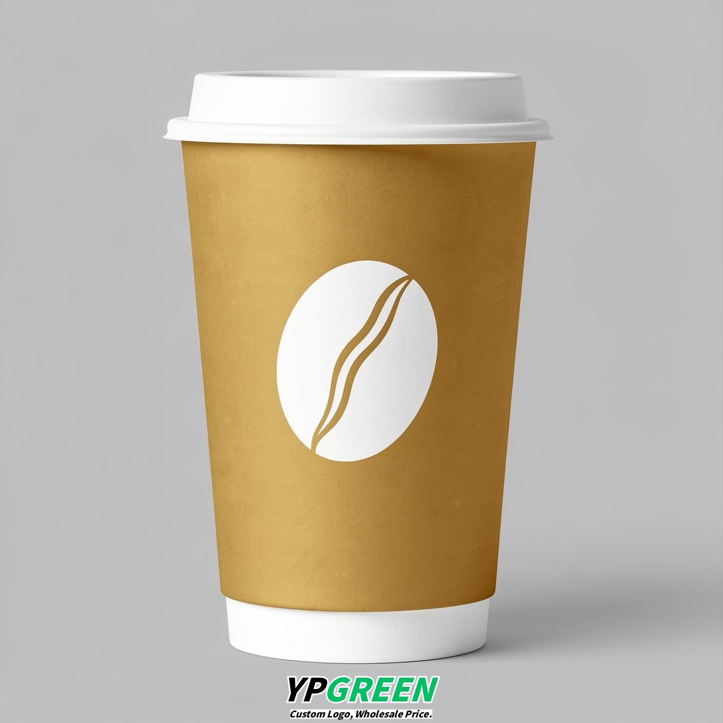 Gold Paper Cups with Coffee Bean Logo & Lids 8-24oz