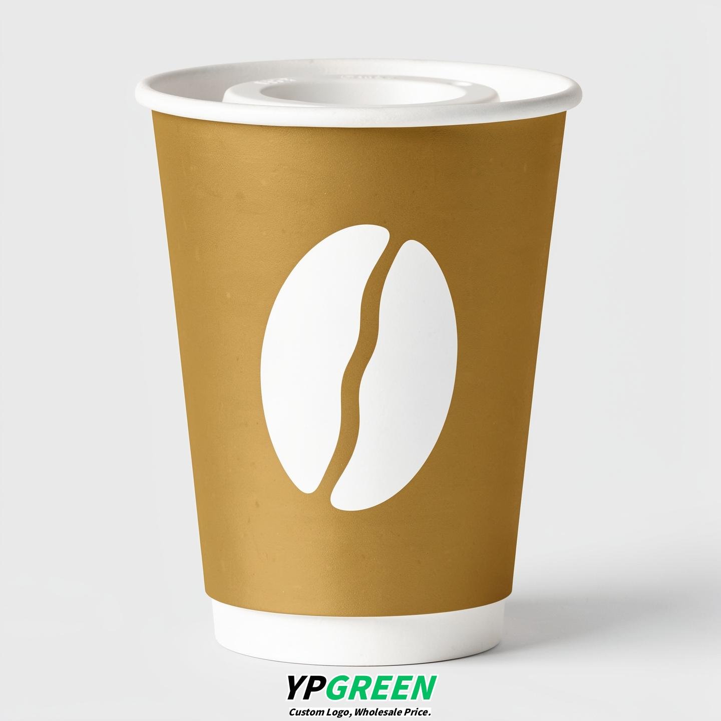 Gold Paper Cups with Coffee Bean Logo & Lids 8-24oz