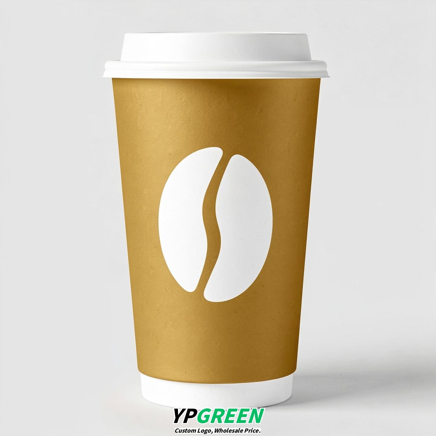 Gold Paper Cups with Coffee Bean Logo & Lids 8-24oz