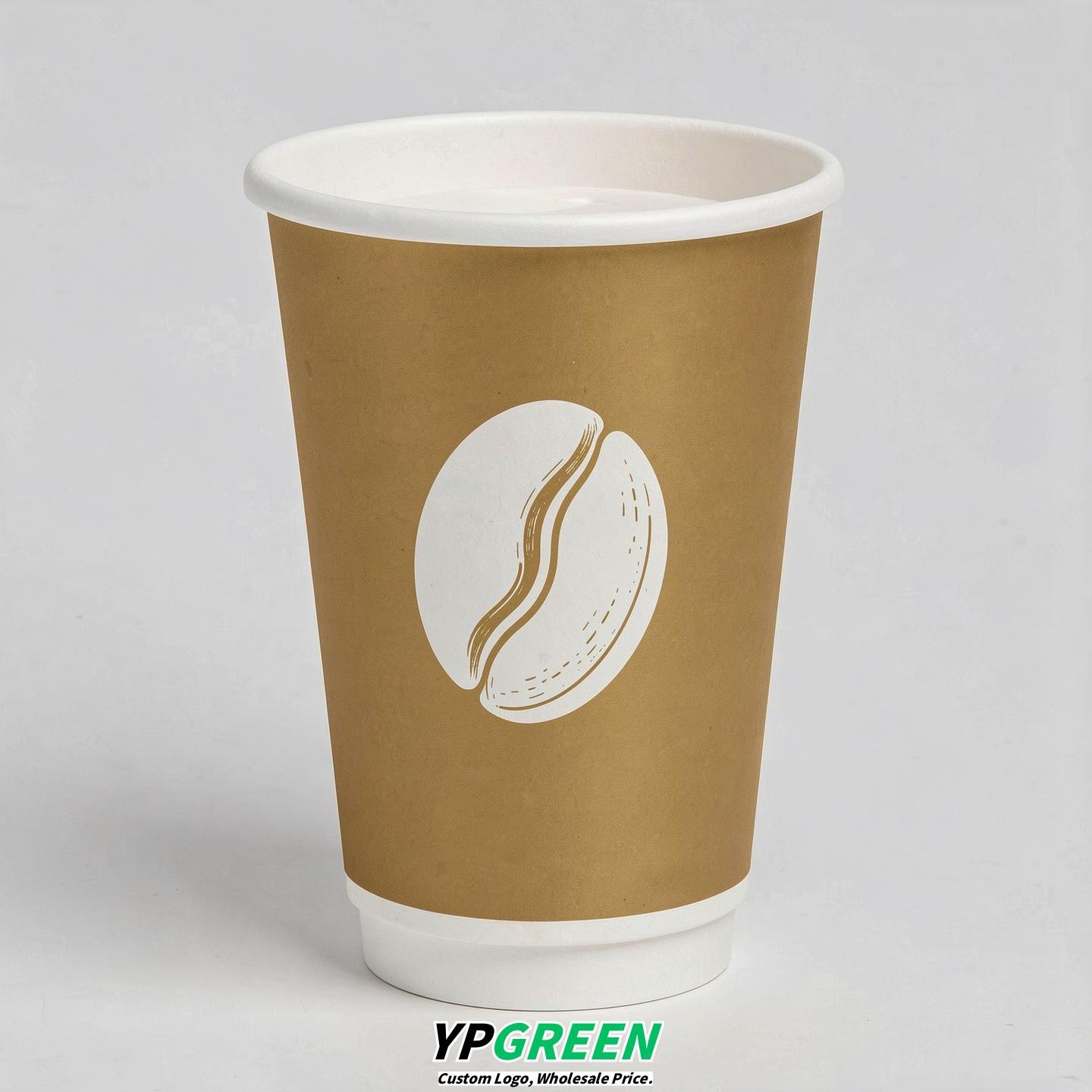 Gold Paper Cups with Coffee Bean Logo & Lids 8-24oz Gold Paper Cups with Coffee Bean Logo & Lids 8-24oz
