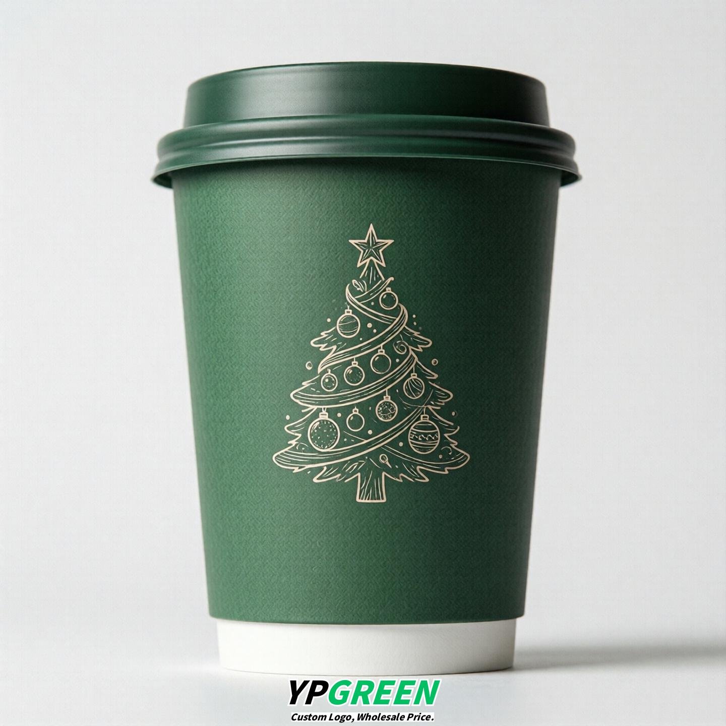 Green Paper Cups with Christmas Design 8-24oz