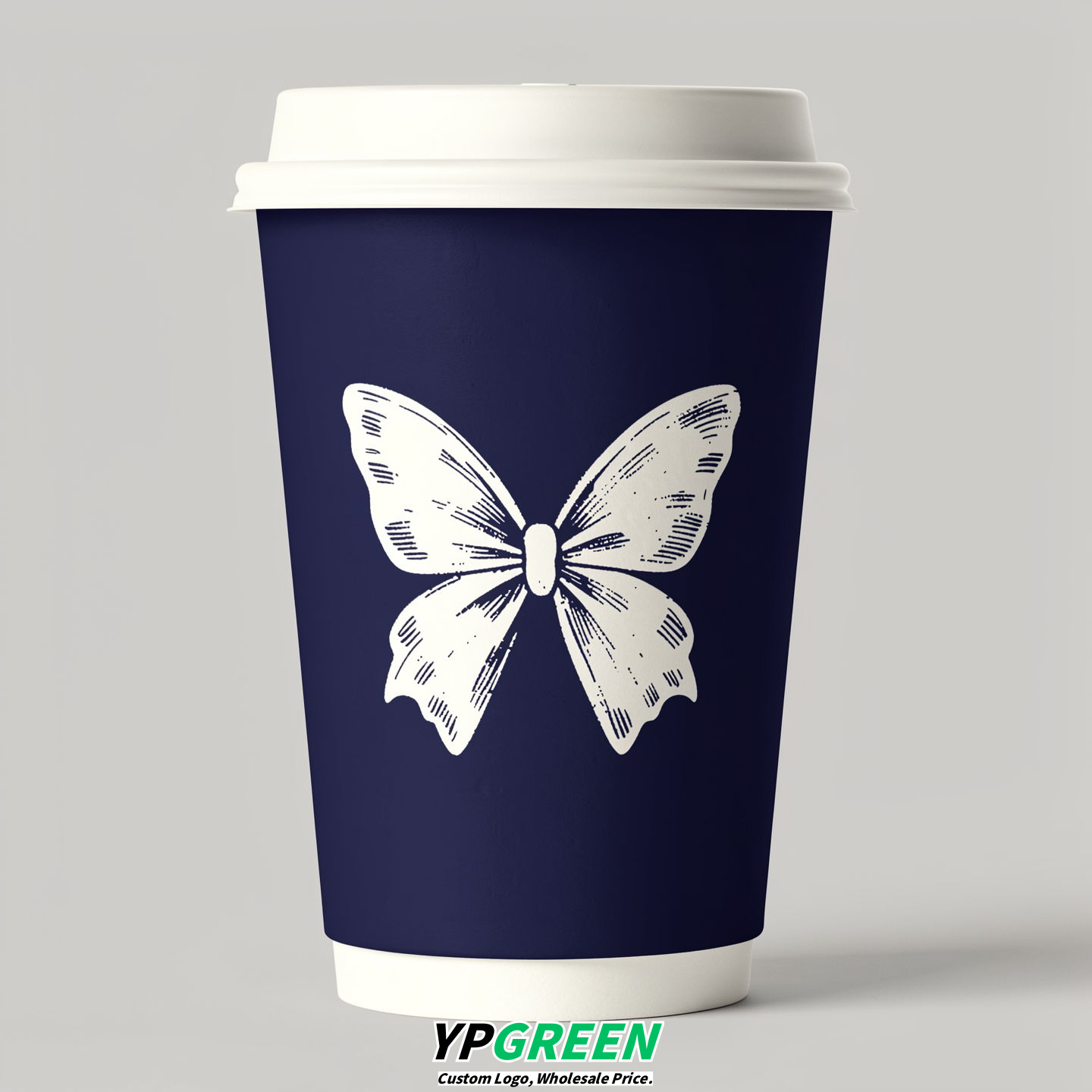 Indigo Paper Cups with Bow Logo & Lids 8-24oz