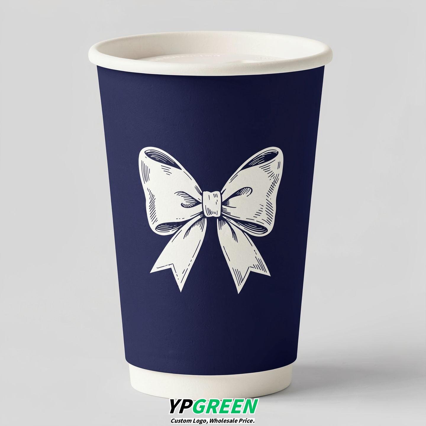 Indigo Paper Cups with Bow Logo & Lids 8-24oz