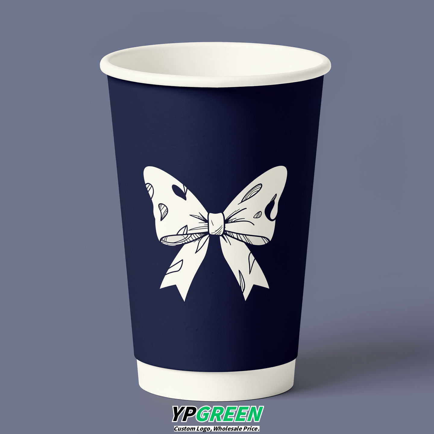 Indigo Paper Cups with Bow Logo & Lids 8-24oz