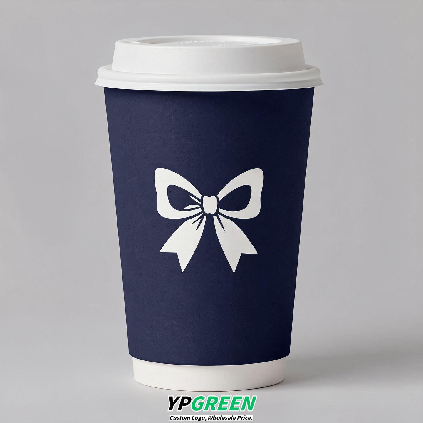 Indigo Paper Cups with Bow Logo & Lids 8-24oz
