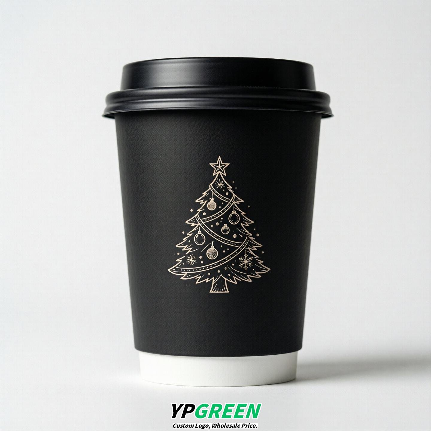 Jet Black Paper Cups with Christmas Design 8-24oz