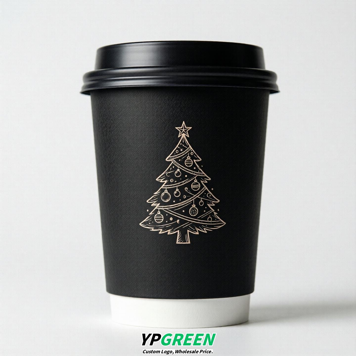 Jet Black Paper Cups with Christmas Design 8-24oz