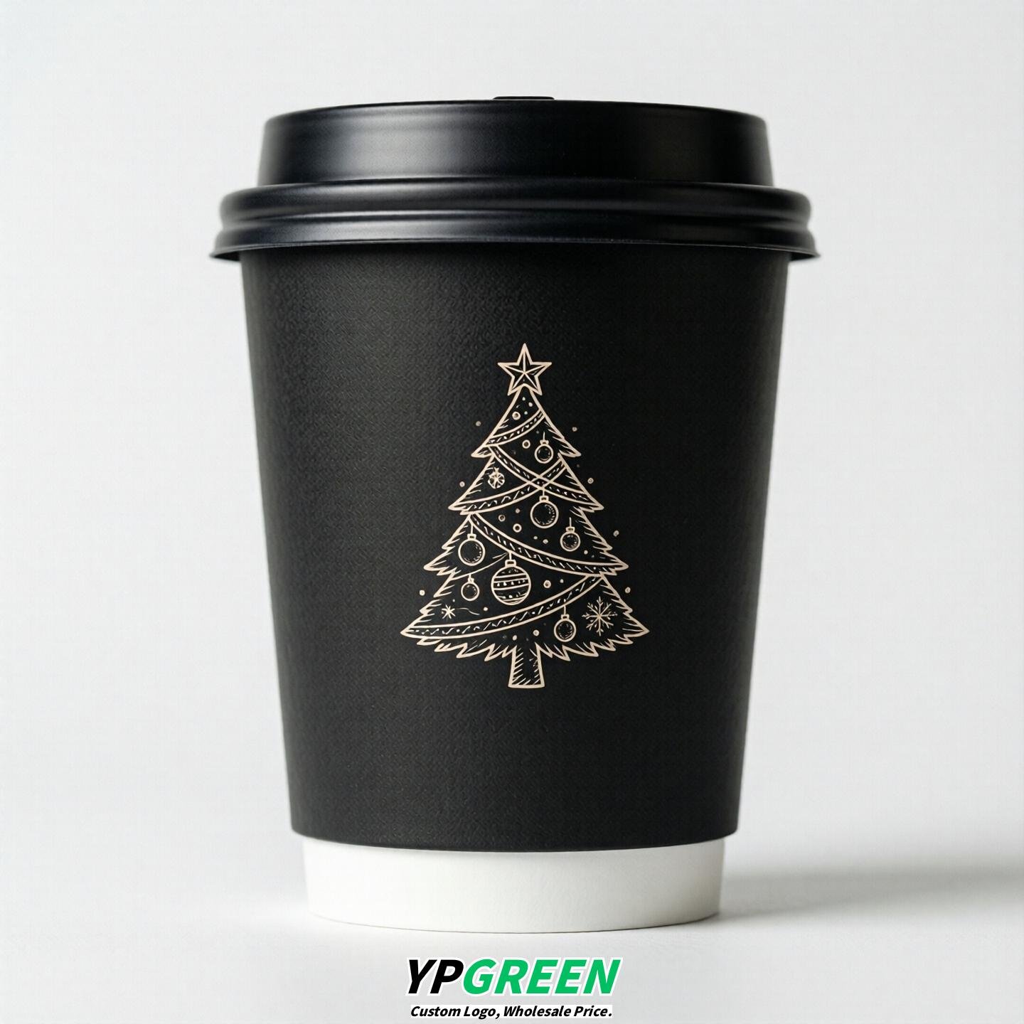 Jet Black Paper Cups with Christmas Design 8-24oz