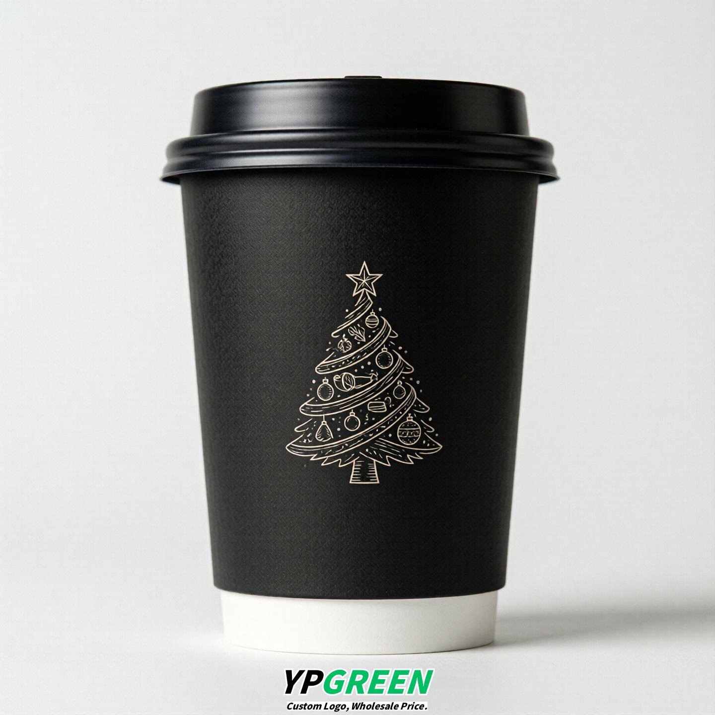 Jet Black Paper Cups with Christmas Design 8-24oz