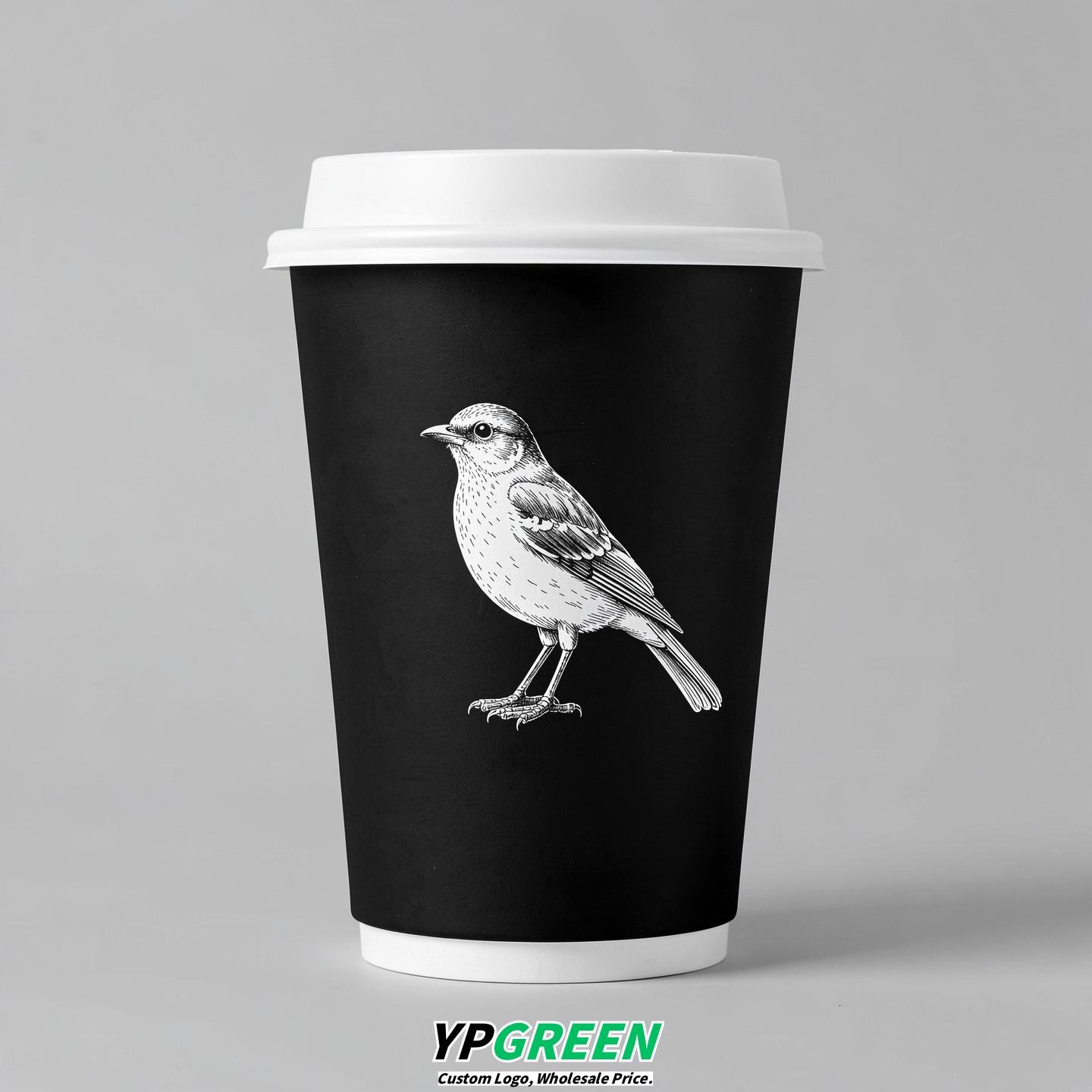 Jet Black Paper Cups with Bird Logo & Lids 8-24oz