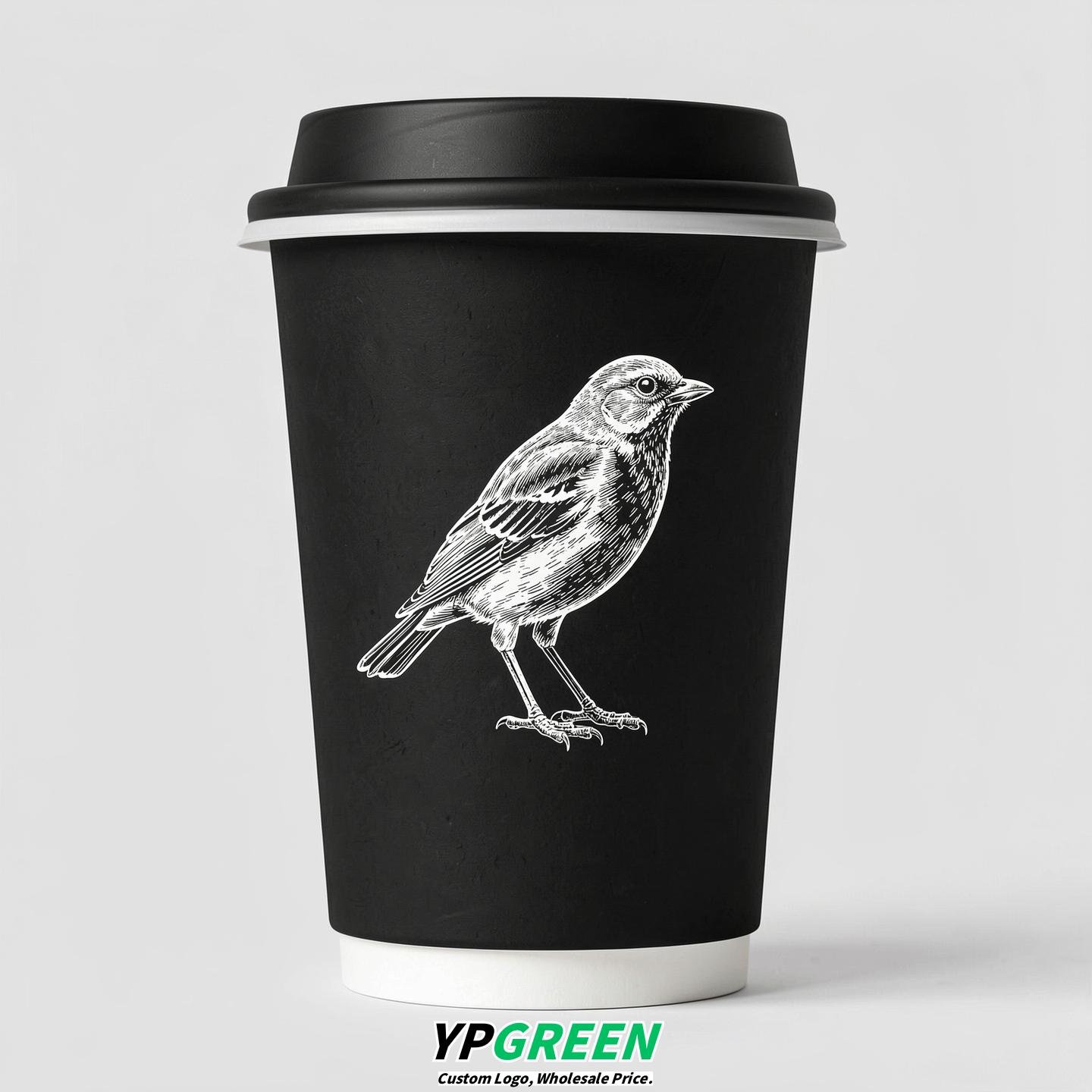 Jet Black Paper Cups with Bird Logo & Lids 8-24oz