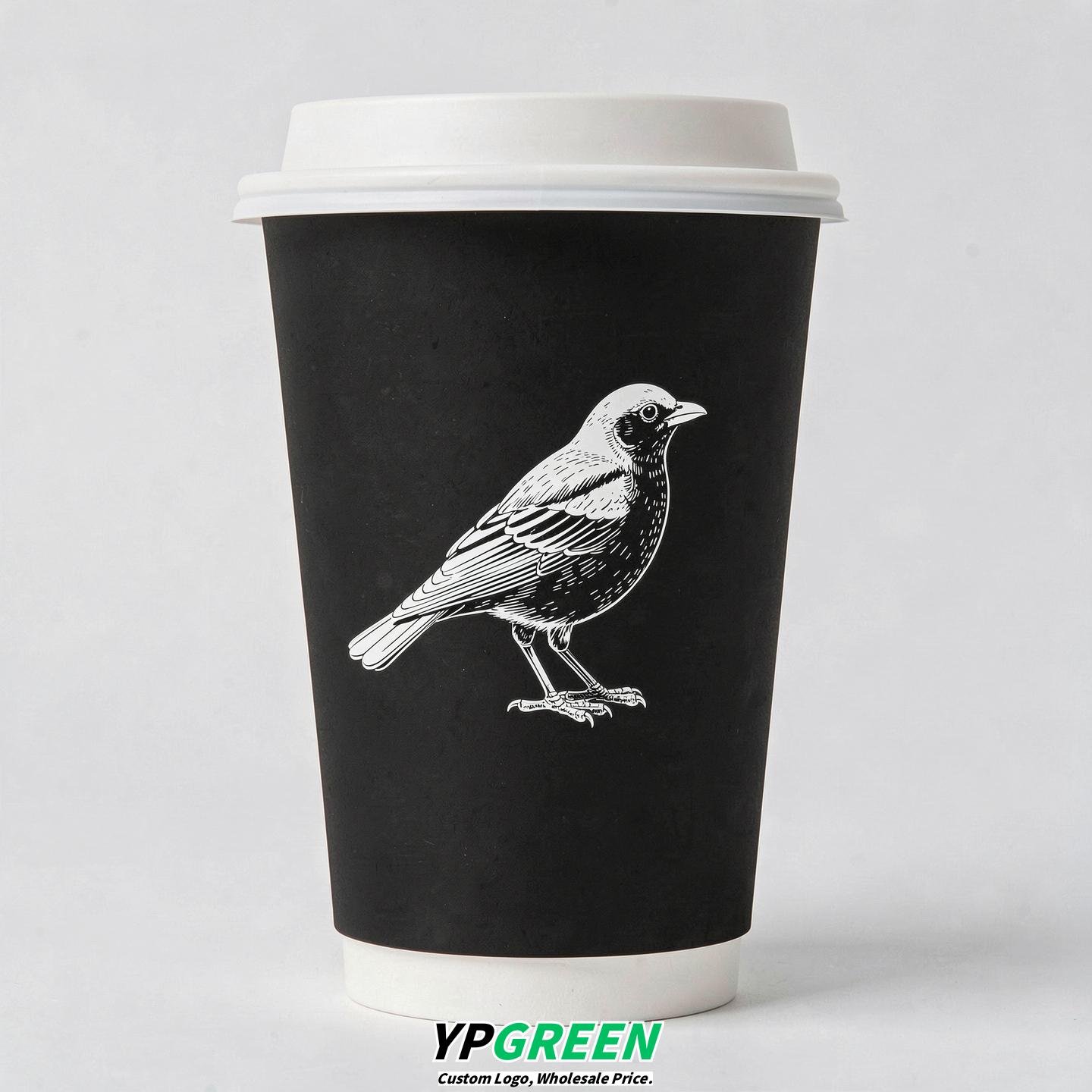 Jet Black Paper Cups with Bird Logo & Lids 8-24oz