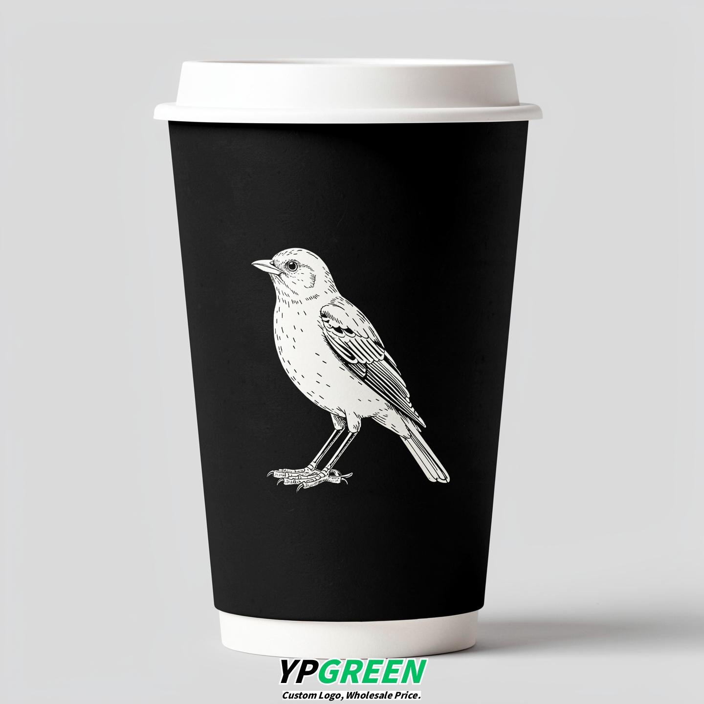 Jet Black Paper Cups with Bird Logo & Lids 8-24oz