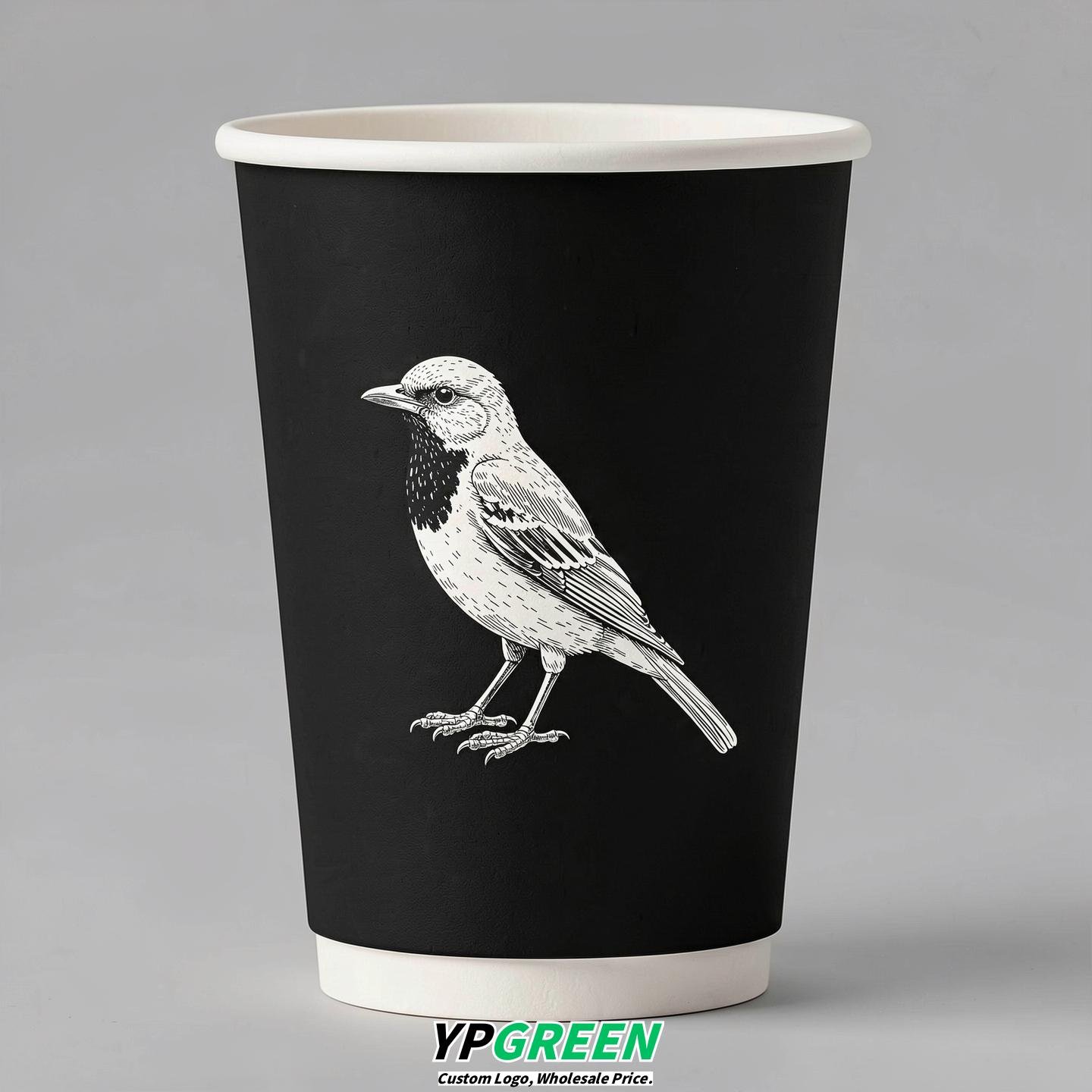 Jet Black Paper Cups with Bird Logo & Lids 8-24oz