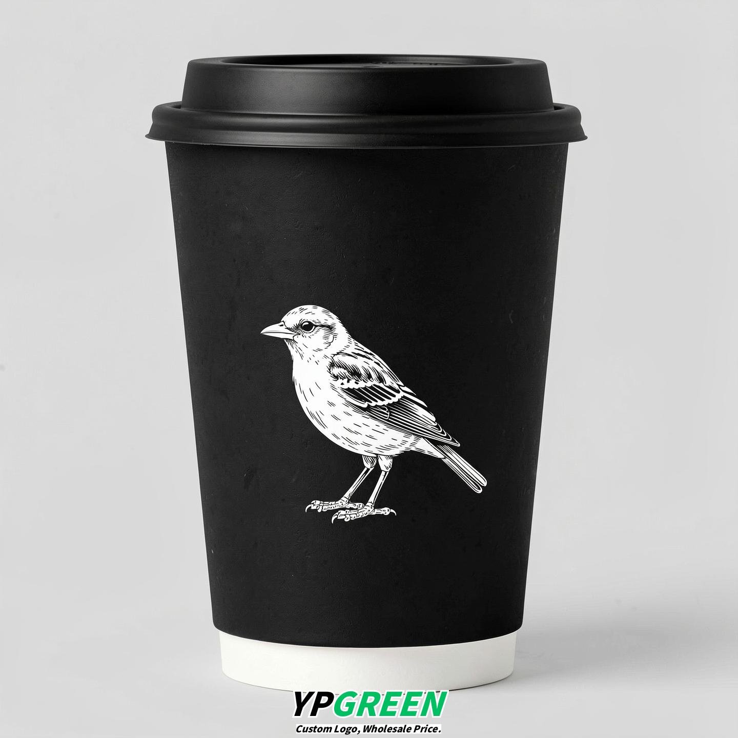 Jet Black Paper Cups with Bird Logo & Lids 8-24oz