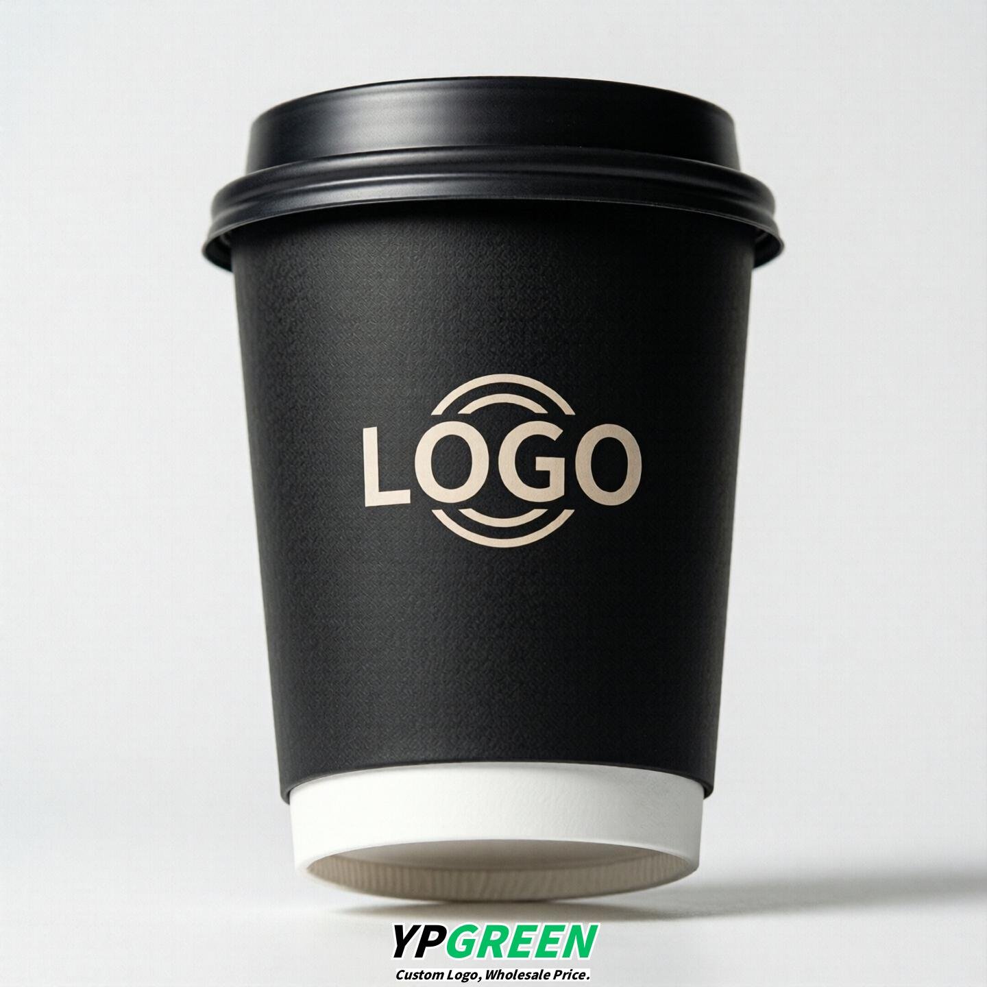 Jet Black Custom Logo Paper Cups: 8-24oz & Double Wall