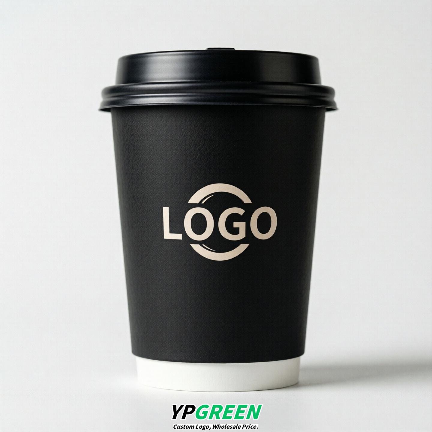 Jet Black Custom Logo Paper Cups: 8-24oz & Double Wall