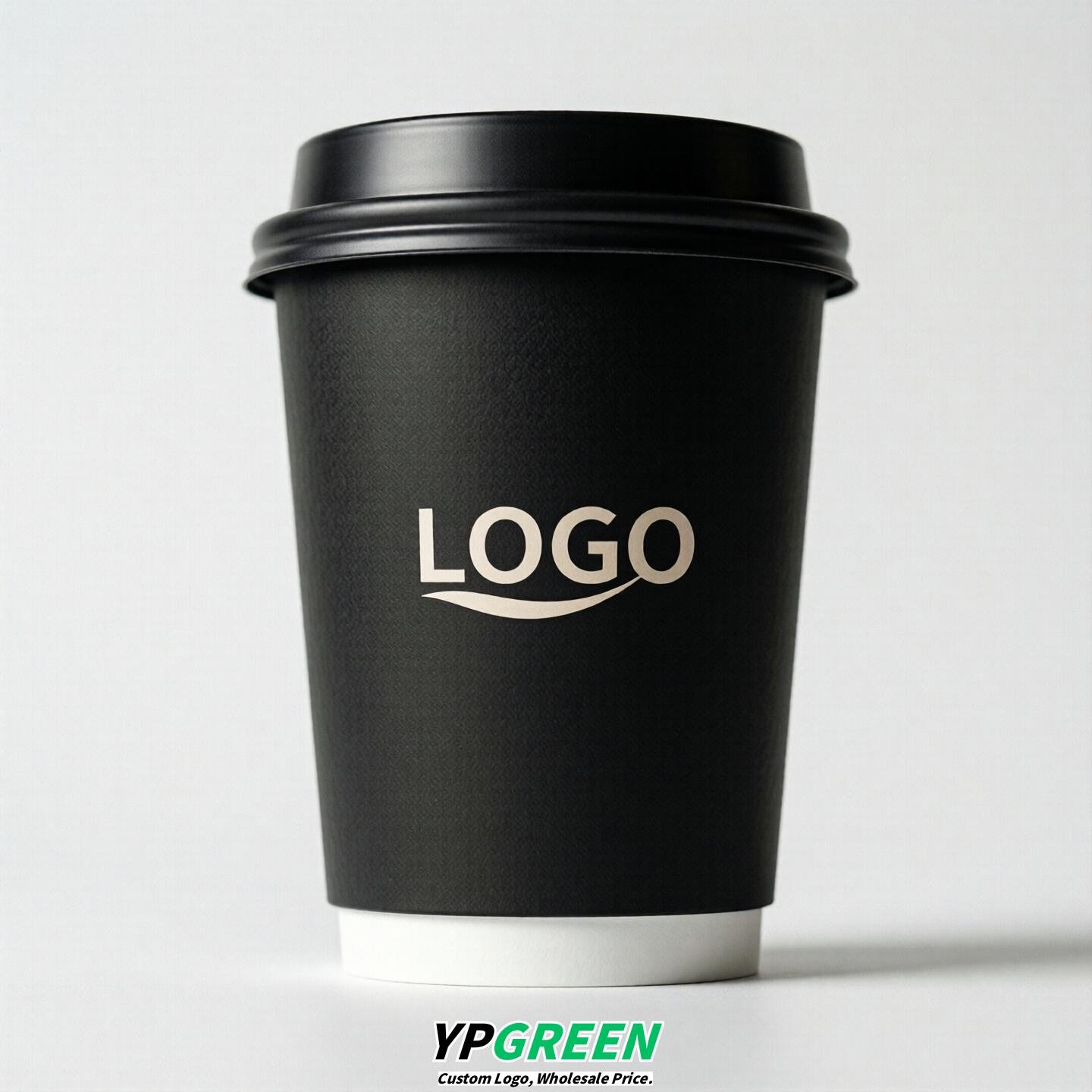 Jet Black Custom Logo Paper Cups: 8-24oz & Double Wall