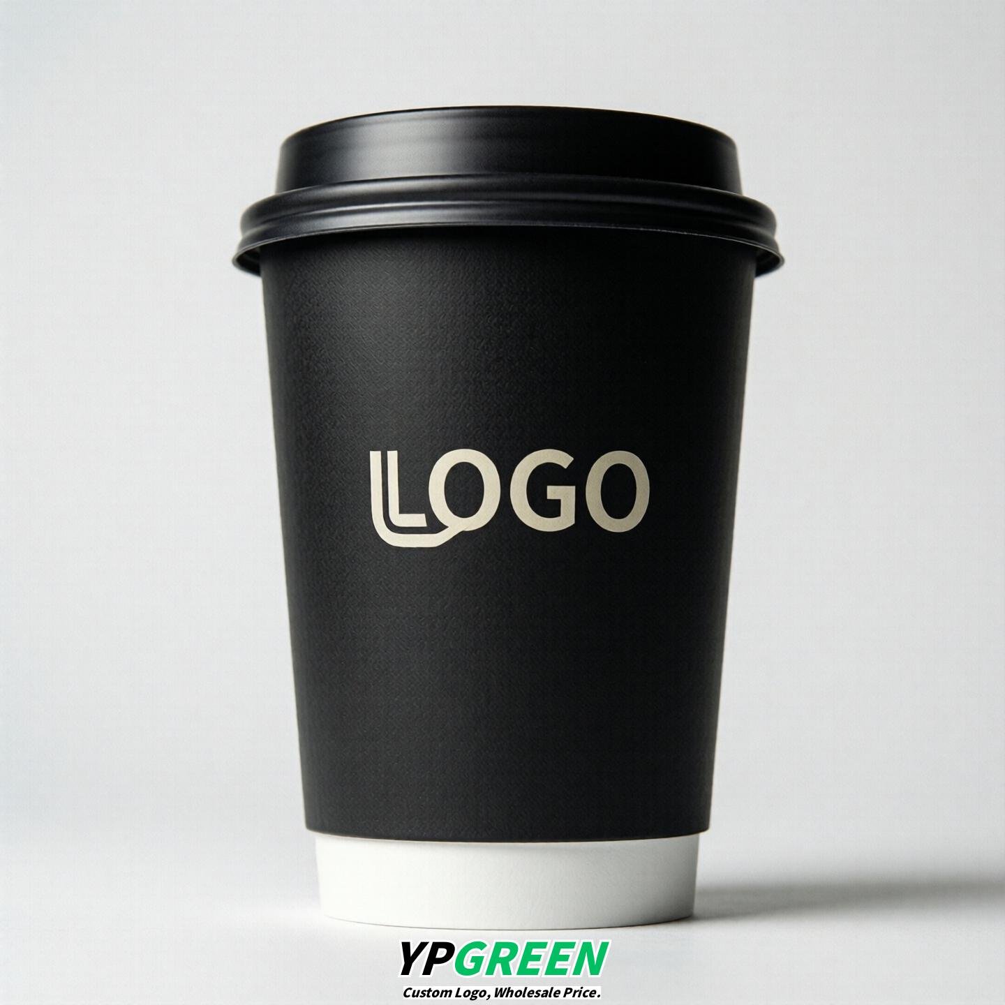 Jet Black Custom Logo Paper Cups: 8-24oz & Double Wall