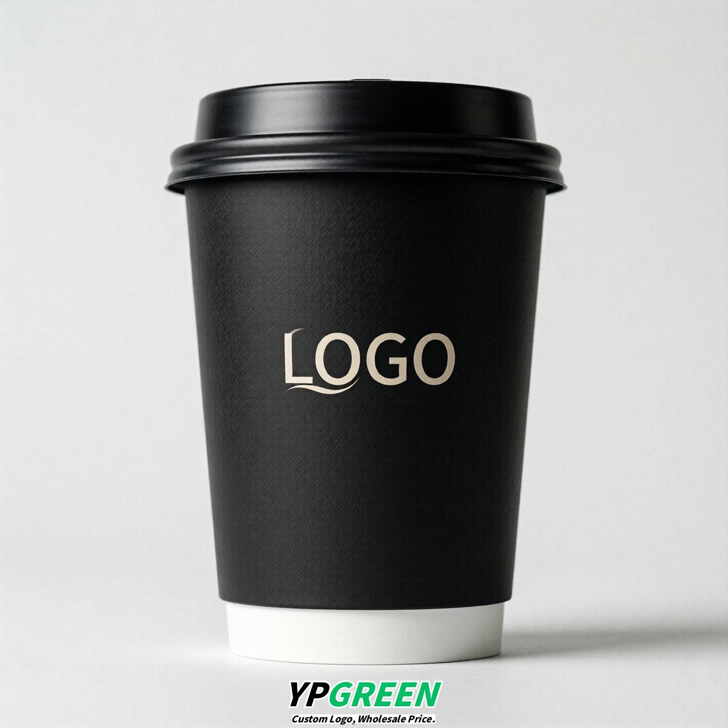 Jet Black Custom Logo Paper Cups: 8-24oz & Double Wall