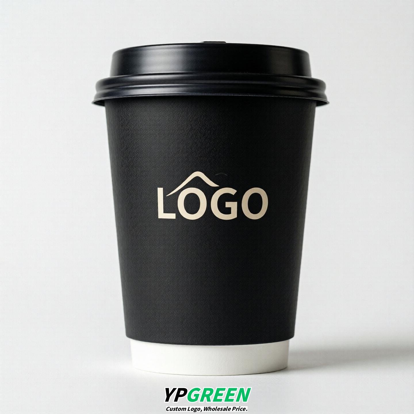 Jet Black Custom Logo Paper Cups: 8-24oz & Double Wall