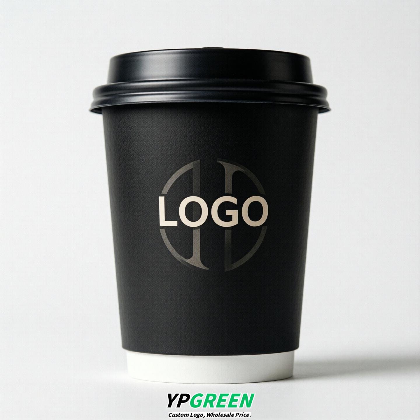 Jet Black Custom Logo Paper Cups: 8-24oz & Double Wall