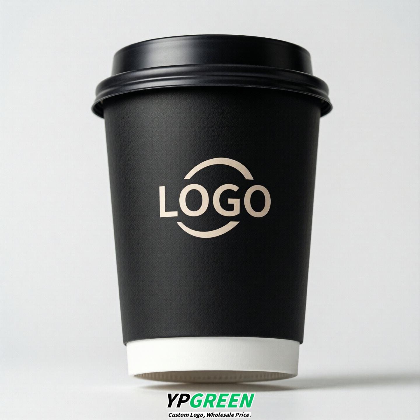 Jet Black Custom Logo Paper Cups: 8-24oz & Double Wall