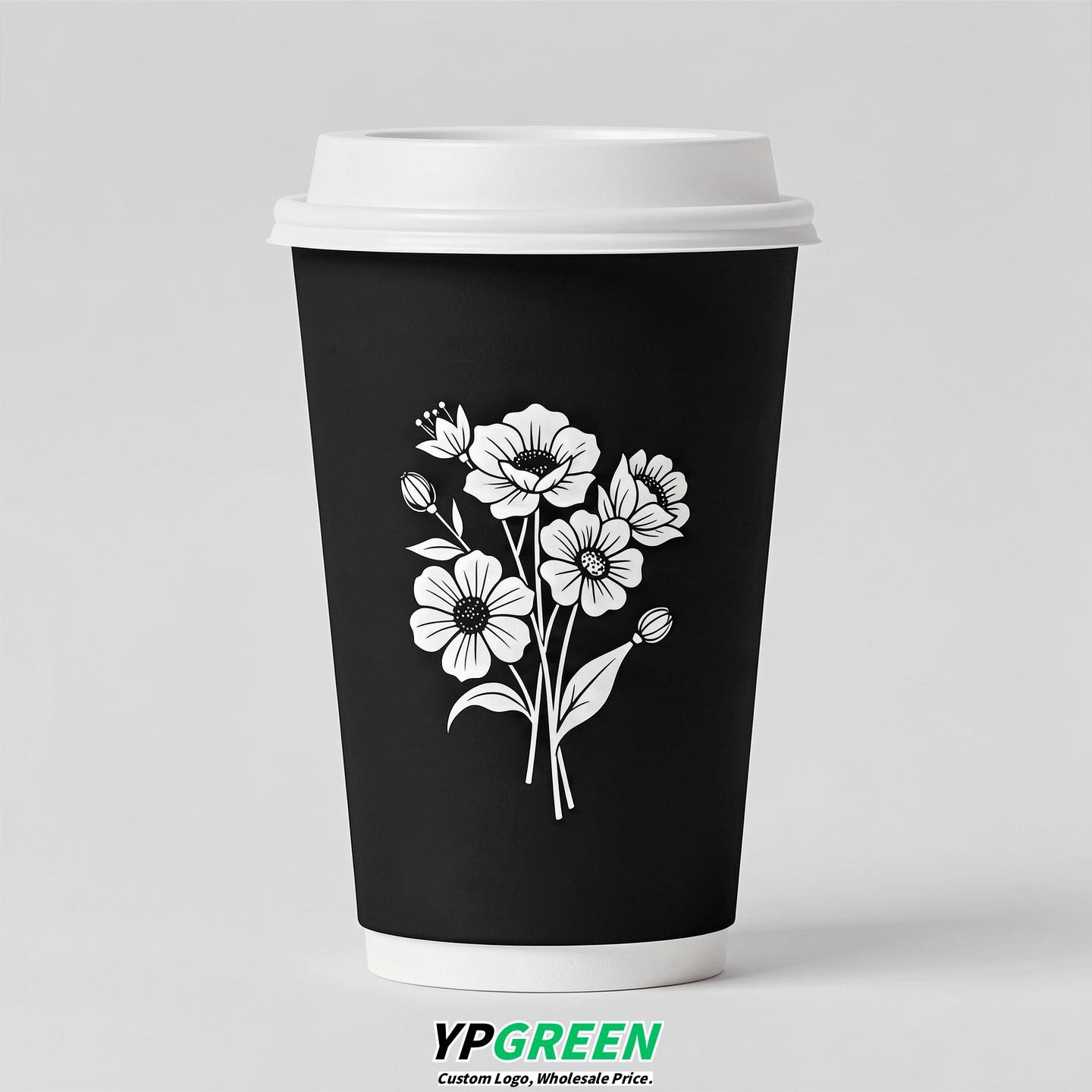 Jet Black Floral Paper Cups with Lids 8-24oz