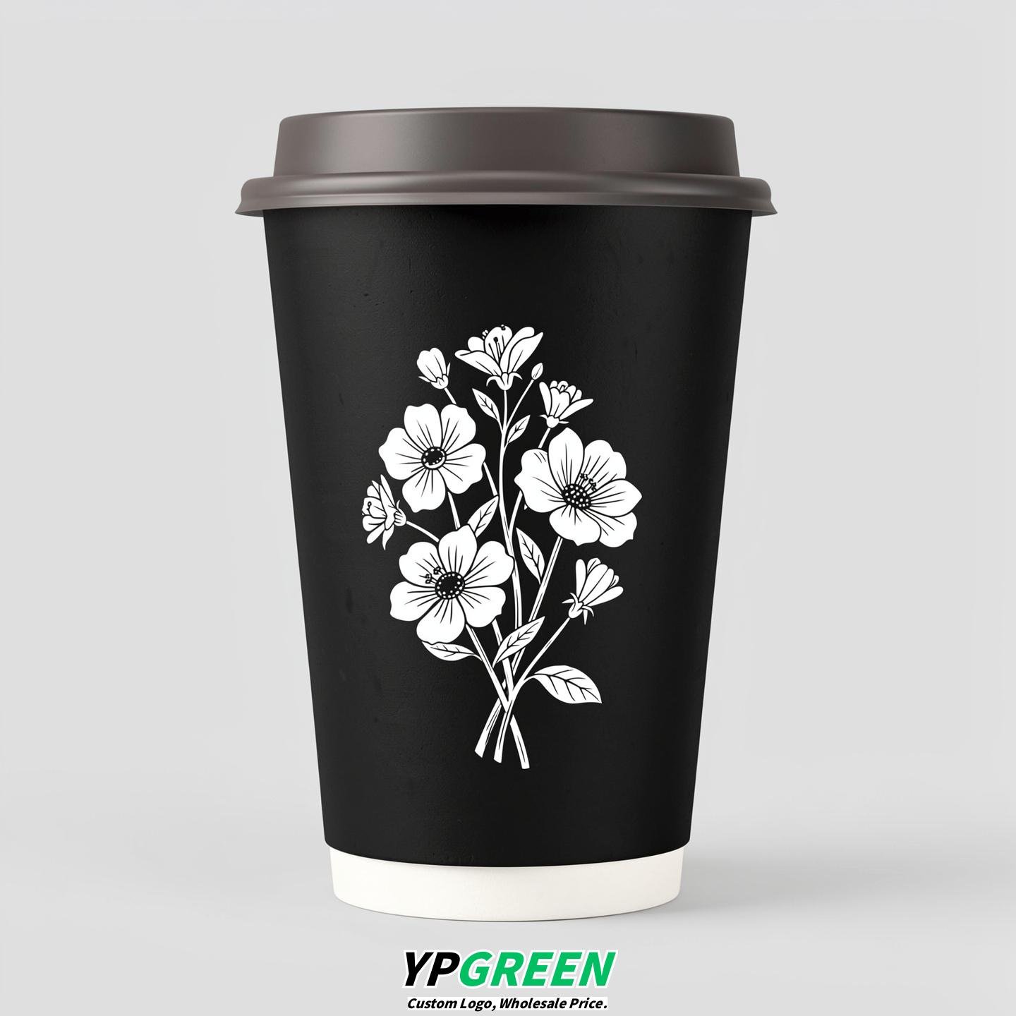 Jet Black Floral Paper Cups with Lids 8-24oz