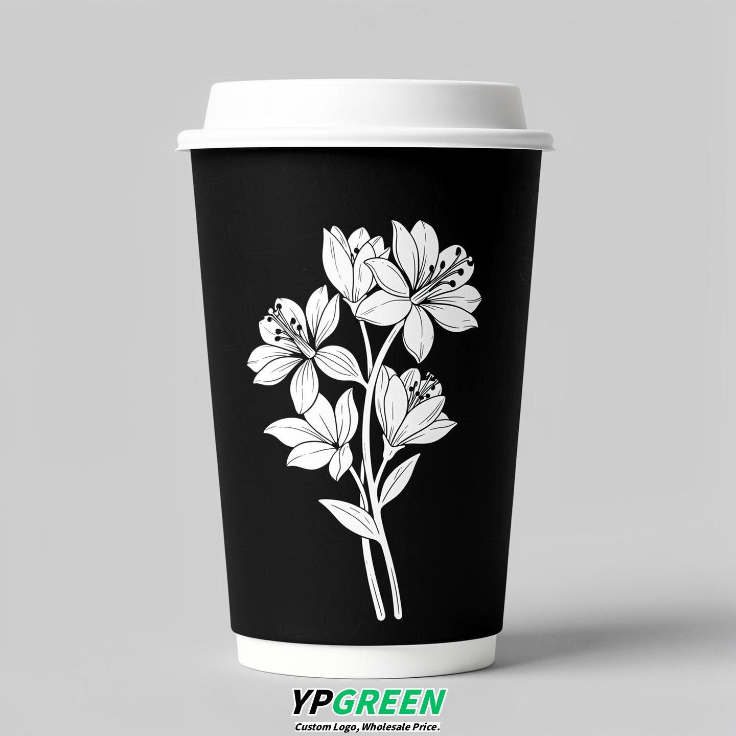 Jet Black Floral Paper Cups with Lids 8-24oz