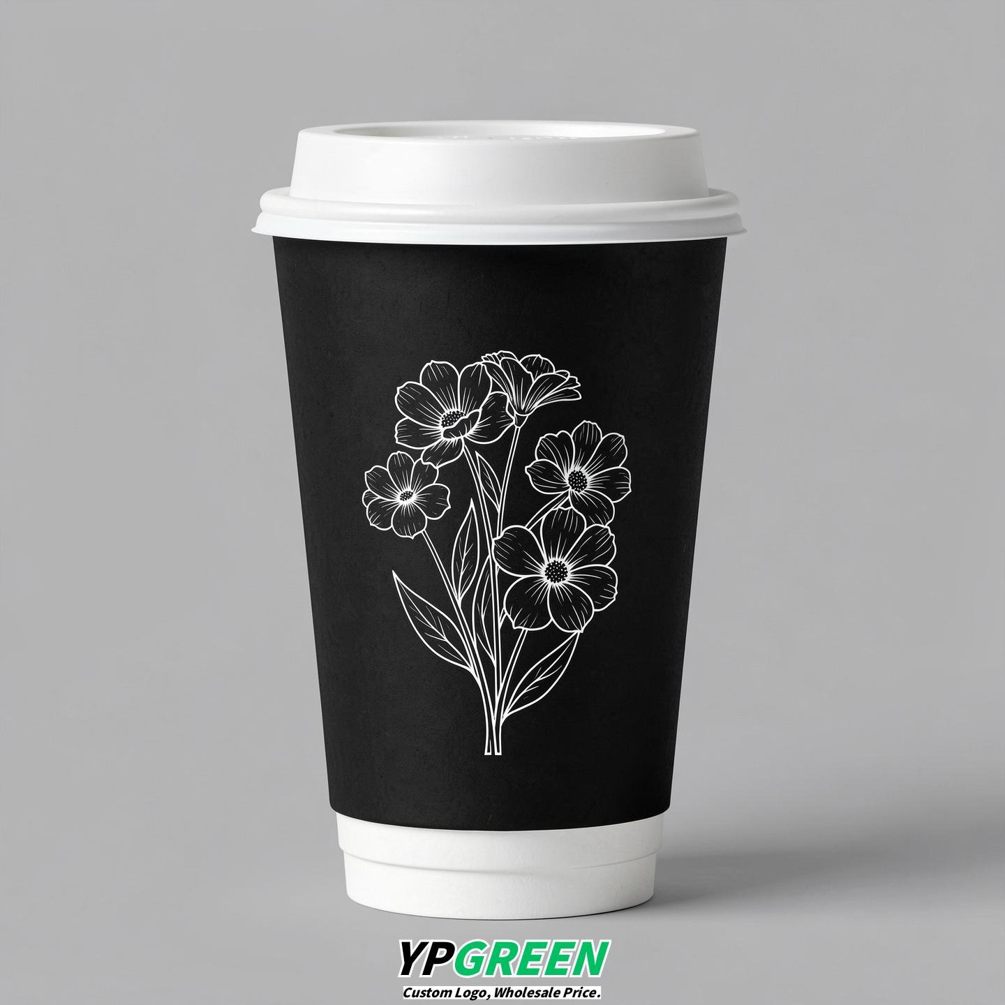Jet Black Floral Paper Cups with Lids 8-24oz