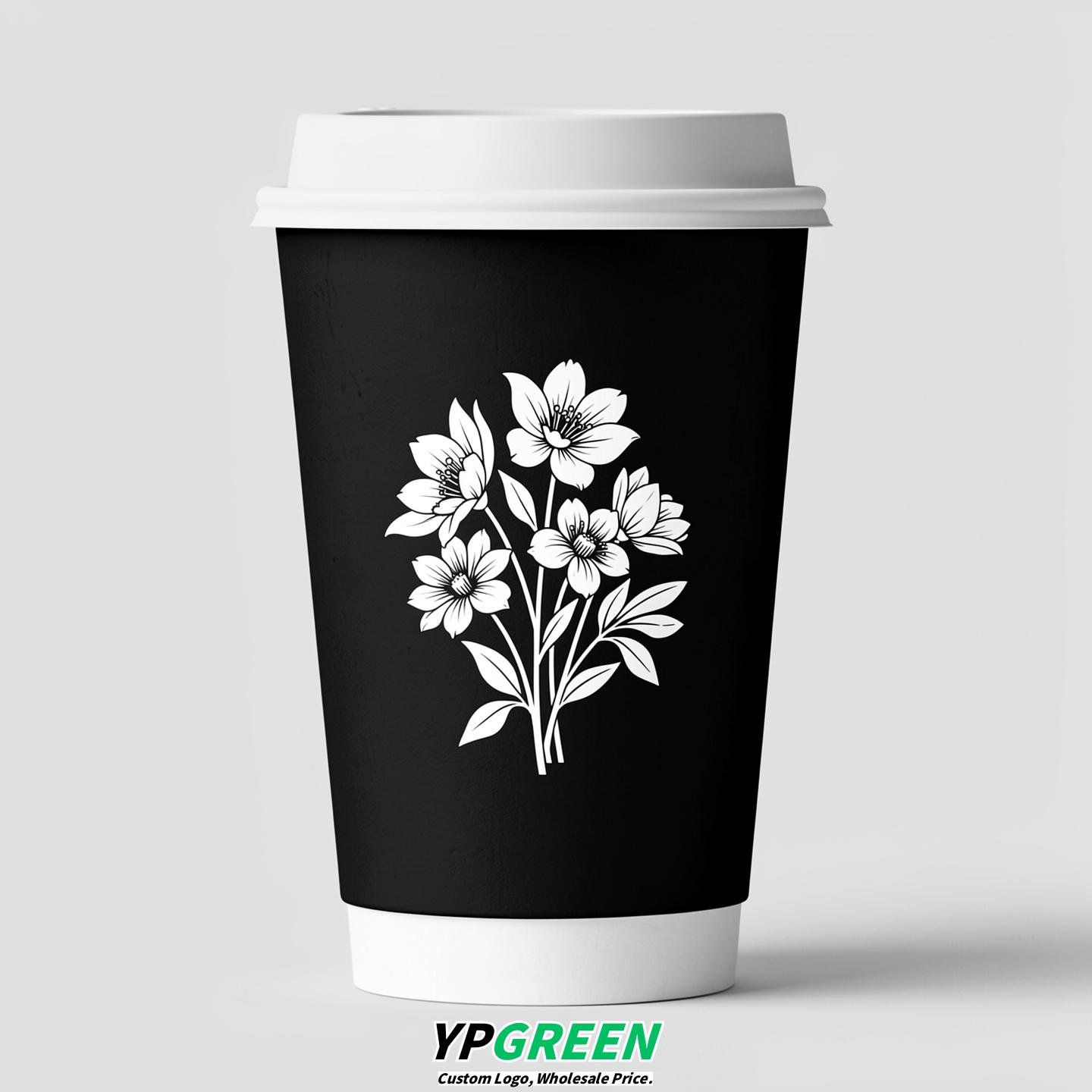 Jet Black Floral Paper Cups with Lids 8-24oz