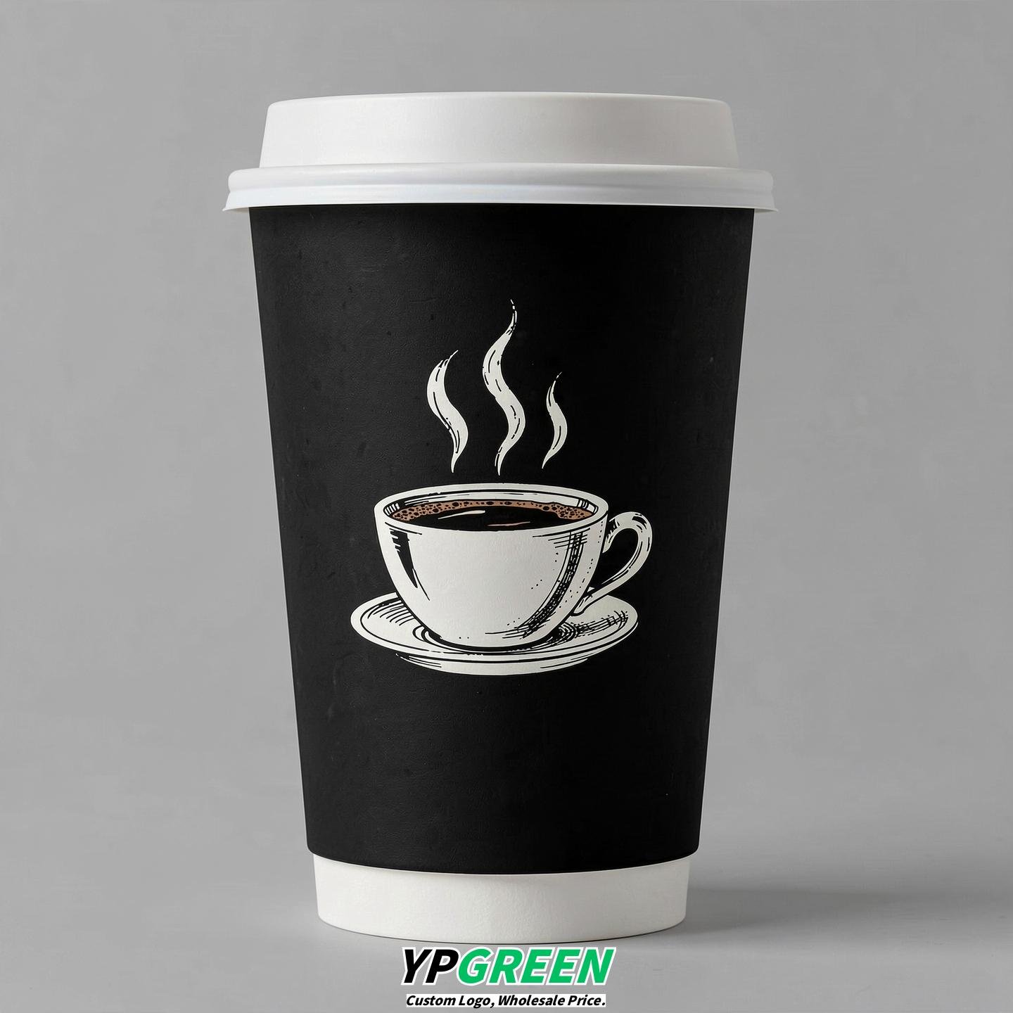 Jet Black Hot Coffee Icon Paper Cups - Disposable Steaming Coffee Design