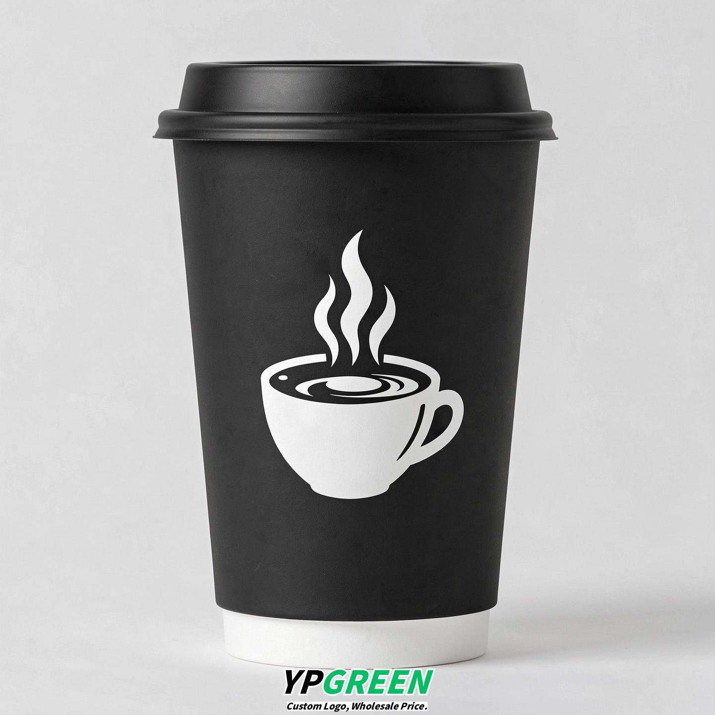 Jet Black Hot Coffee Icon Paper Cups - Disposable Steaming Coffee Design