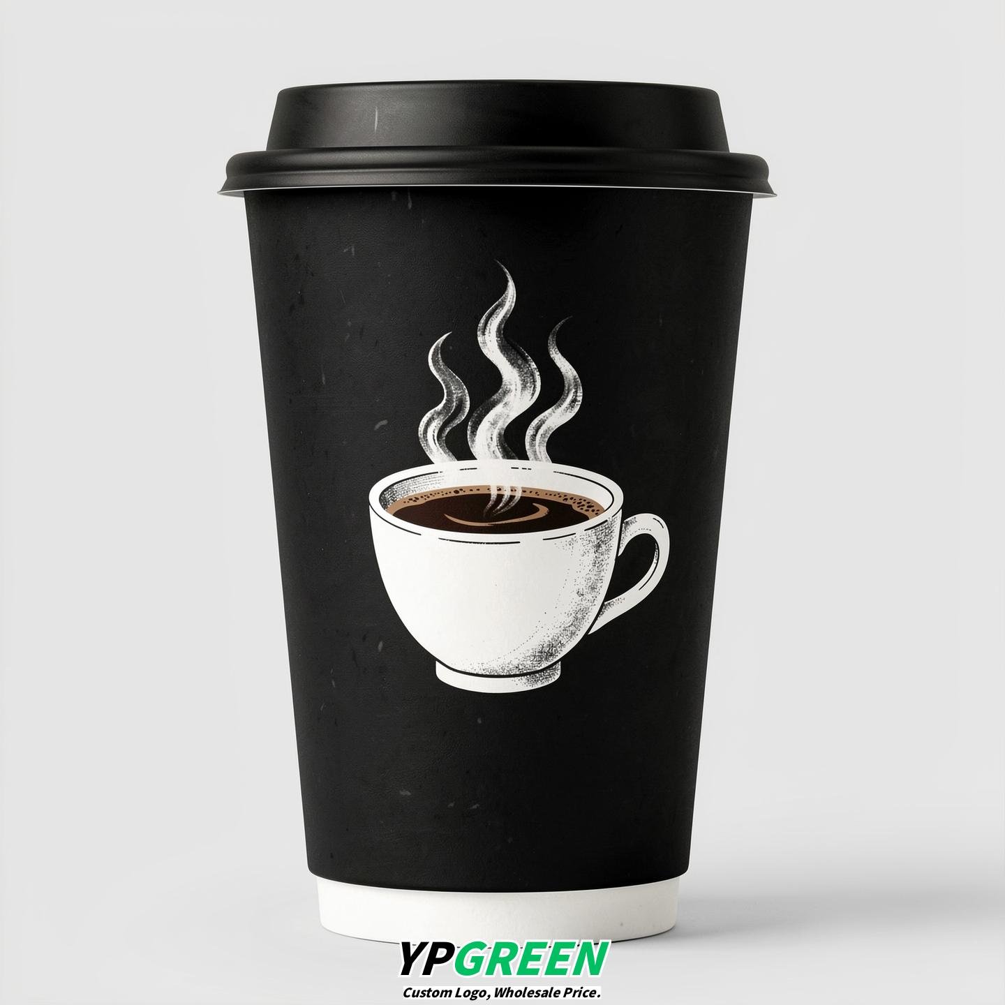 Jet Black Hot Coffee Icon Paper Cups - Disposable Steaming Coffee Design