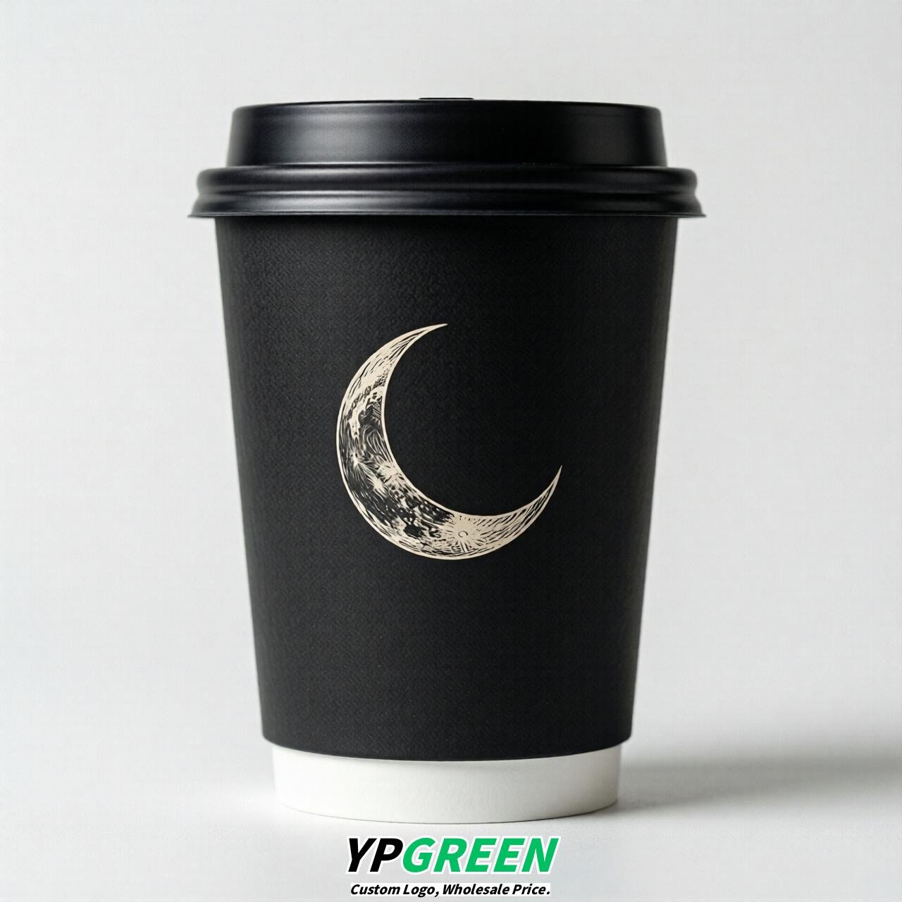 Jet Black Moon Paper Cups with Lids 8-24oz