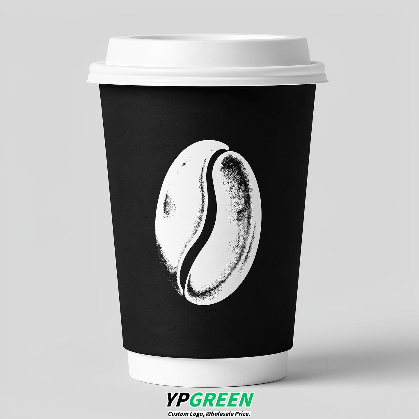 Jet Black Paper Cups with Coffee Bean Logo & Lids 8-24oz