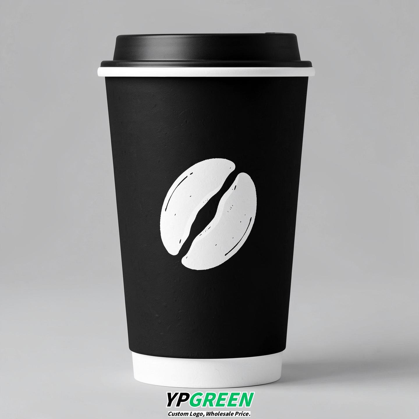 Jet Black Paper Cups with Coffee Bean Logo & Lids 8-24oz