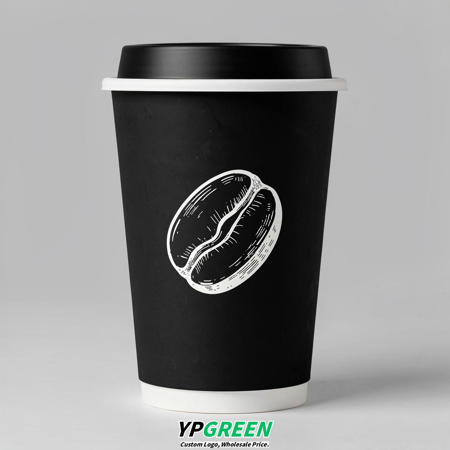Jet Black Paper Cups with Coffee Bean Logo & Lids 8-24oz