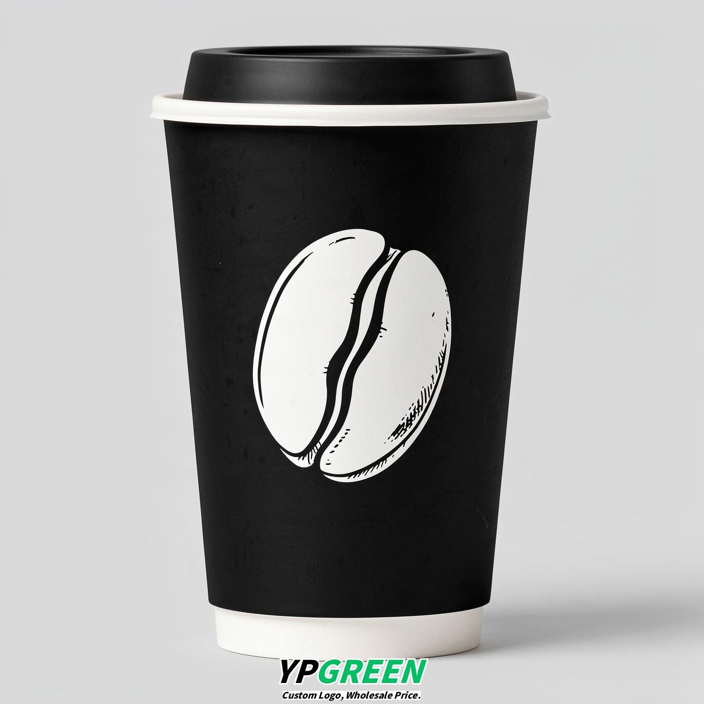 Jet Black Paper Cups with Coffee Bean Logo & Lids 8-24oz