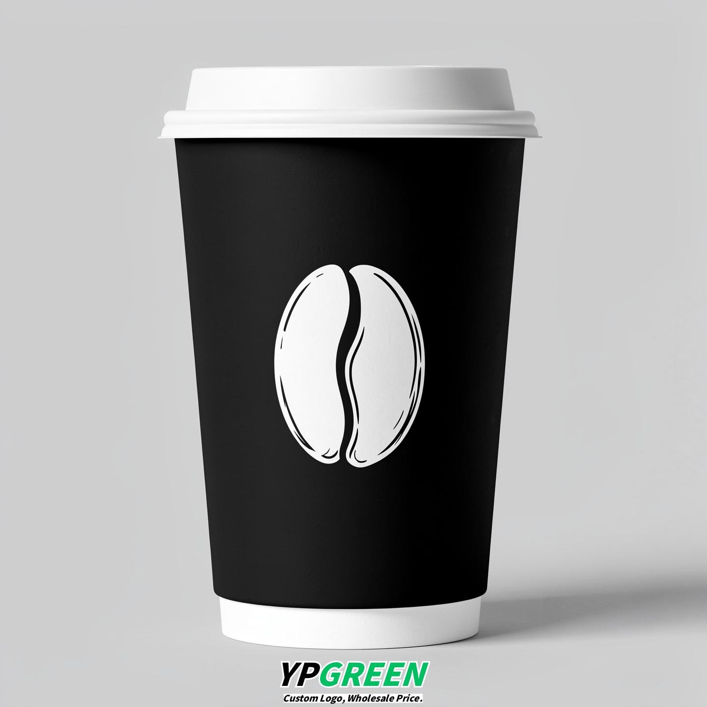 Jet Black Paper Cups with Coffee Bean Logo & Lids 8-24oz