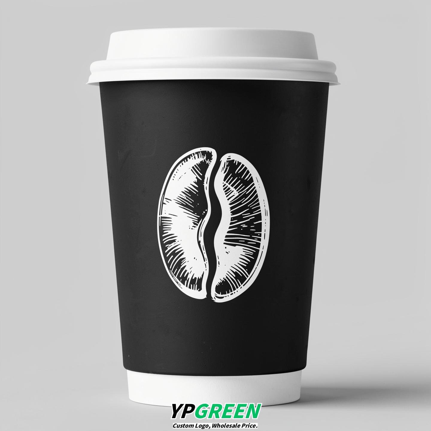 Jet Black Paper Cups with Coffee Bean Logo & Lids 8-24oz