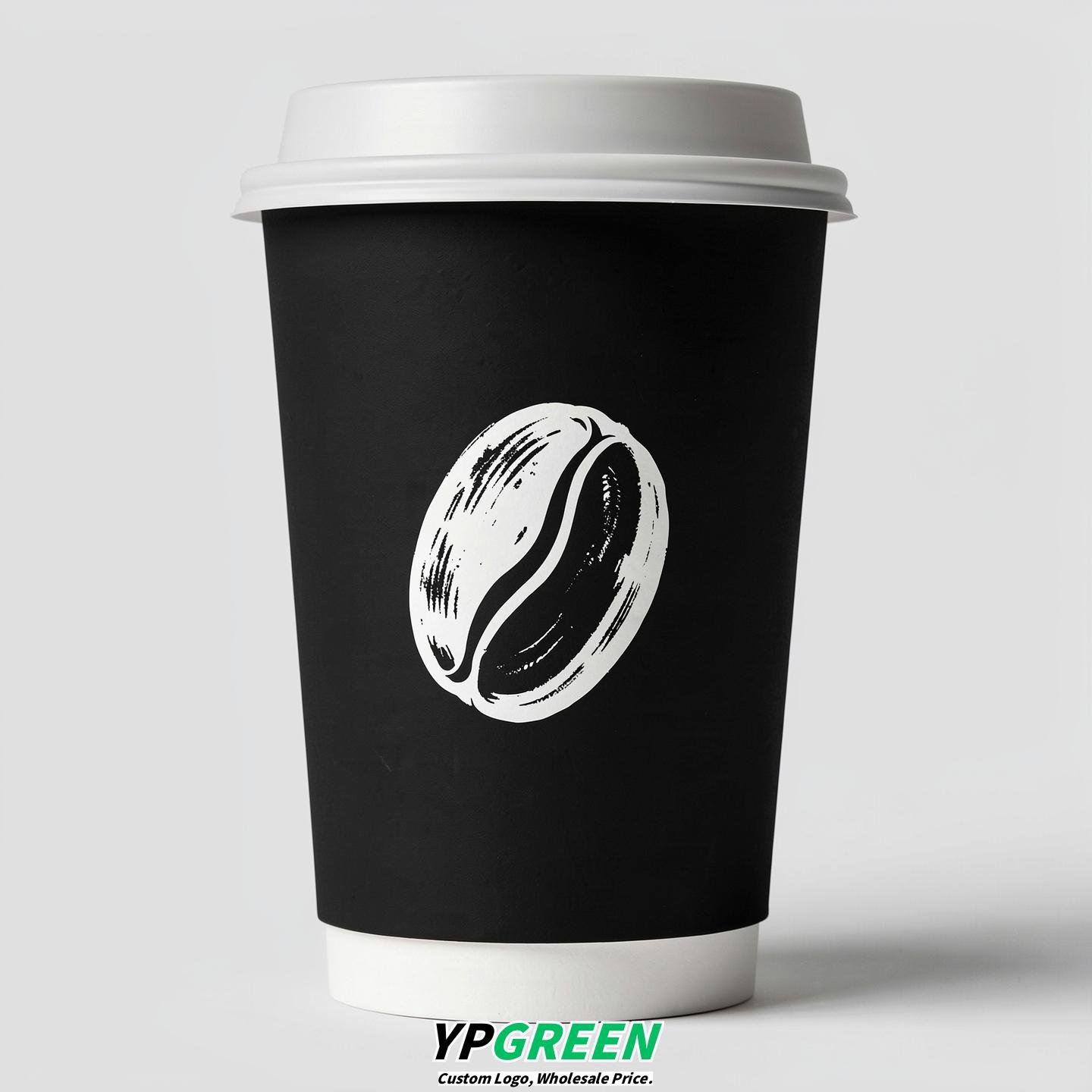 Jet Black Paper Cups with Coffee Bean Logo & Lids 8-24oz