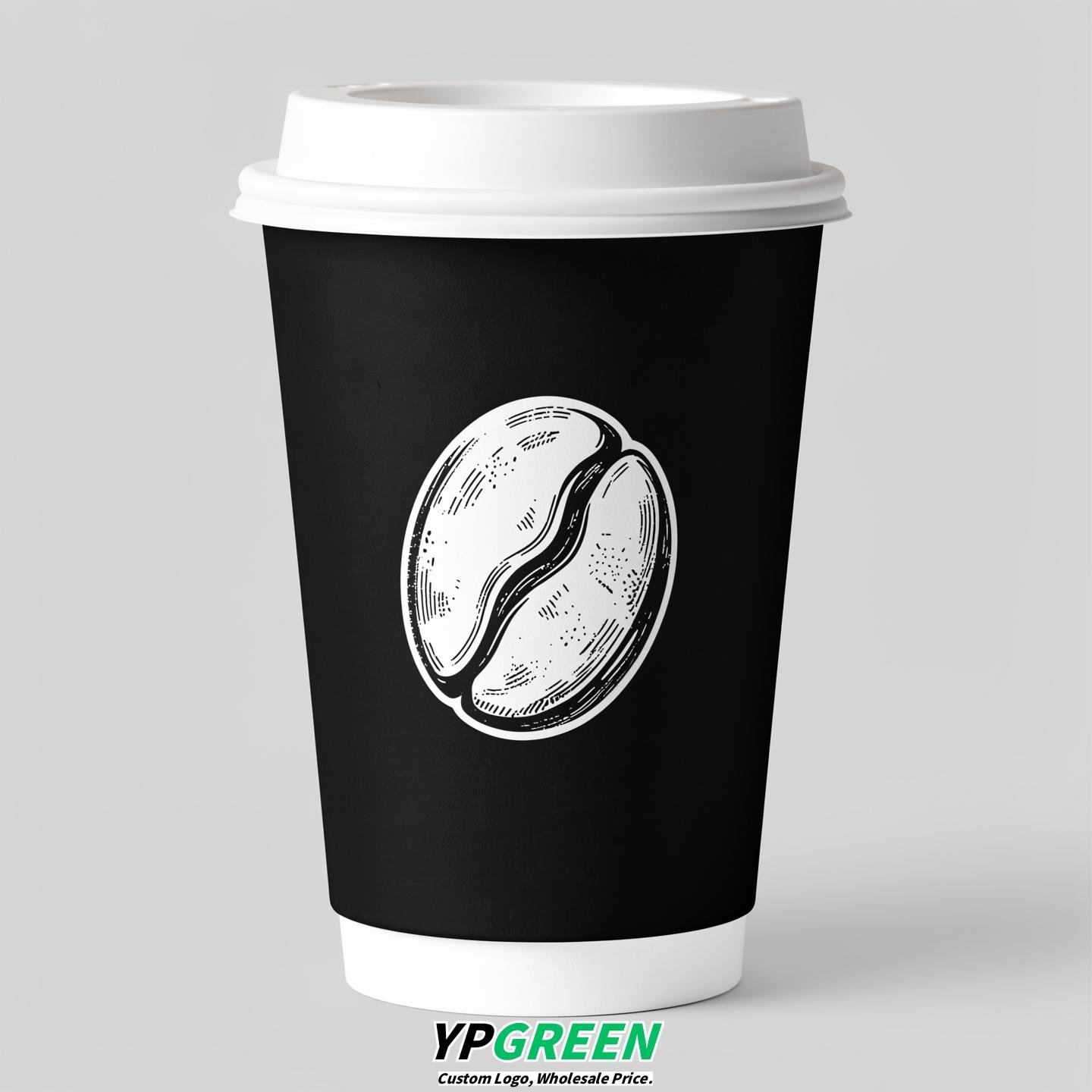 Jet Black Paper Cups with Coffee Bean Logo & Lids 8-24oz