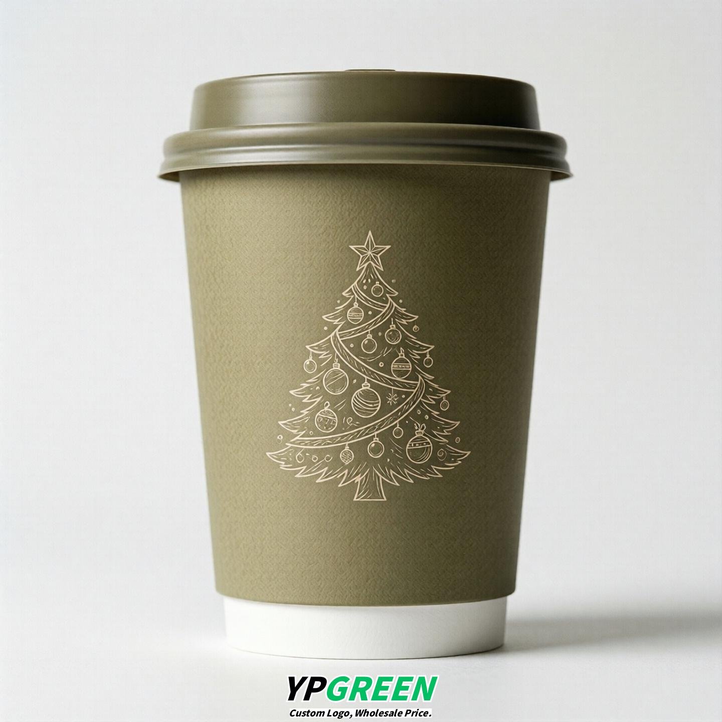 Khaki Paper Cups with Christmas Design 8-24oz