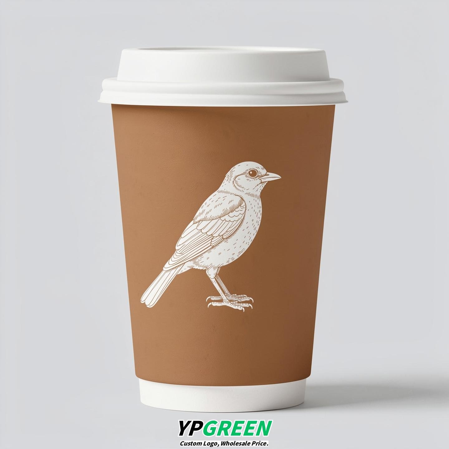 Latte Paper Cups with Bird Logo & Lids 8-24oz